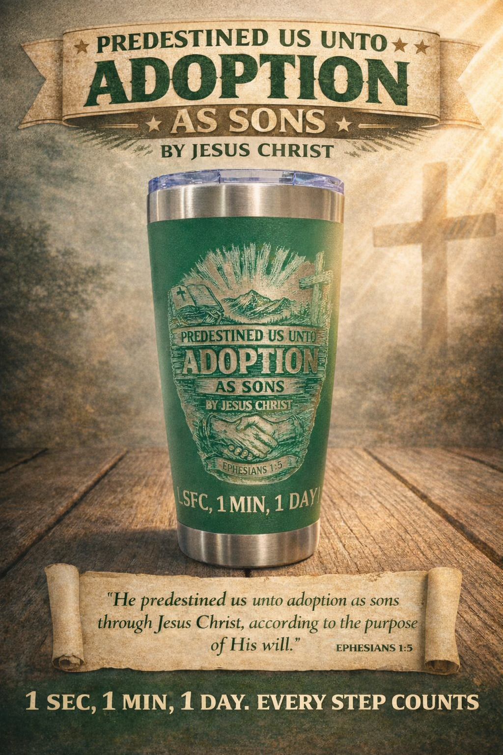 Green engraved adoption as sons faith tumbler